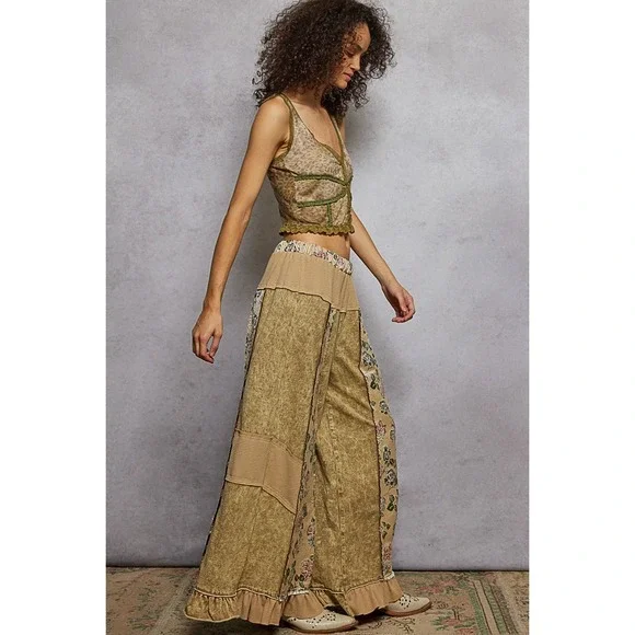 POL French Terry Patchwork Pants Ruffle Hem Floral Boho Acid Wash Tan Small - Picture 7 of 7